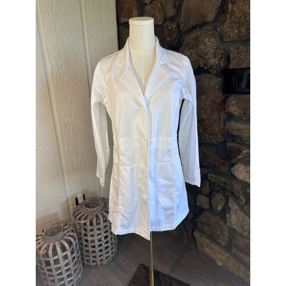 Carhartt Women XS White Long Lab Coat Medical Scrub Jacket Cotton Blend C72403
